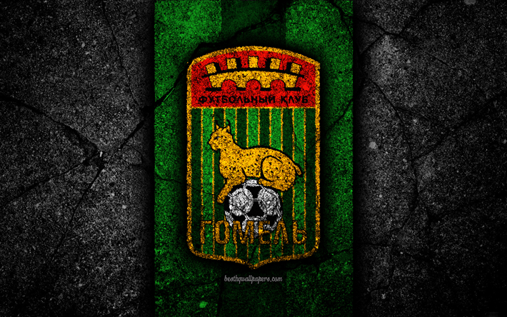Gomel FC, 4k, logo, soccer, black stone, Vysshaya Liga, grunge, football club, Belarusian football club, Gomel, Belarus, asphalt texture, FC Gomel