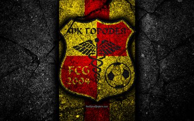 Gorodeja FC, 4k, logo, soccer, black stone, Vysshaya Liga, grunge, football club, Belarusian football club, Gorodeja, Belarus, asphalt texture, FC Gorodeja