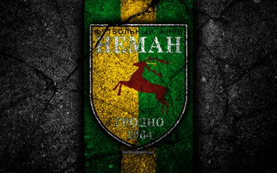 Neman FC, 4k, logo, soccer, black stone, Vysshaya Liga, grunge, football club, Belarusian football club, Neman, Belarus, asphalt texture, FC Neman