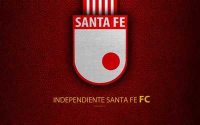 Independiente Santa Fe, 4k, leather texture, logo, red white lines, Colombian football club, emblem, Liga Aguila, Categoria Primera A, Bogota, Colombia, football