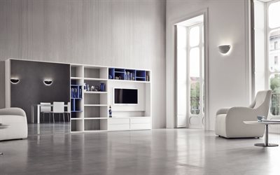 elegante interior branco, um design interior moderno, sala de estar, m&#243;veis brancos, elegante branco poltronas