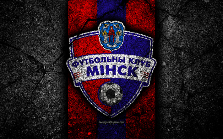 Minsk FC, 4k, logo, soccer, black stone, Vysshaya Liga, grunge, football club, Belarusian football club, Minsk, Belarus, asphalt texture, FC Minsk