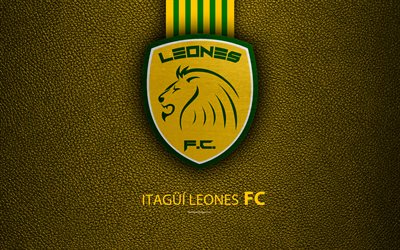 Leones FC, 4k, leather texture, logo, yellow green lines, Colombian football club, emblem, Liga Aguila, Categoria Primera A, Itagui, Colombia, football, Itagui Leones