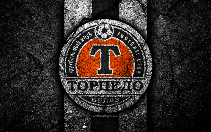 Torpedo-BelAZ Zhodino FC, 4k, logo, jalkapallo, musta kivi, Vysshaya Liga, grunge, football club, Valko-ven&#228;j&#228;n football club, Torpedo-BelAZ Zhodino, Valko-ven&#228;j&#228;, asfaltti rakenne, FC Torpedo-BelAZ Zhodino