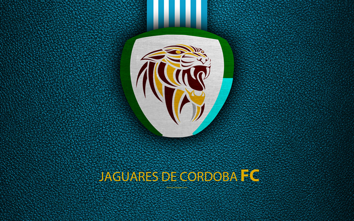Jaguares de Cordoba FC, 4k, leather texture, logo, blue white lines, Colombian football club, emblem, Liga Aguila, Categoria Primera A, Monteria, Colombia, football