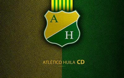 Clube Atl&#233;tico Huila, 4k, textura de couro, logo, verde amarelo linhas, Colombiano de futebol do clube, emblema, Liga Aguila, Categoria Primeira, Neiva, Col&#244;mbia, futebol