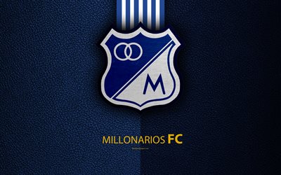 Millonarios FC, 4k, leather texture, logo, blue white lines, Colombian football club, emblem, Liga Aguila, Categoria Primera A, Bogot&#225;, Colombia, football