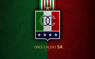 Once Caldas, 4k, leather texture, logo, green red lines, Colombian football club, emblem, Liga Aguila, Categoria Primera A, Manizales, Colombia, football