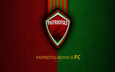 Patriotas بوياكا FC, 4k, جلدية الملمس, شعار, الأخضر الخطوط الحمراء, الكولومبي لكرة القدم, الدوري الاسباني أغيلا, الفئة الأولى, Tunja, كولومبيا, كرة القدم