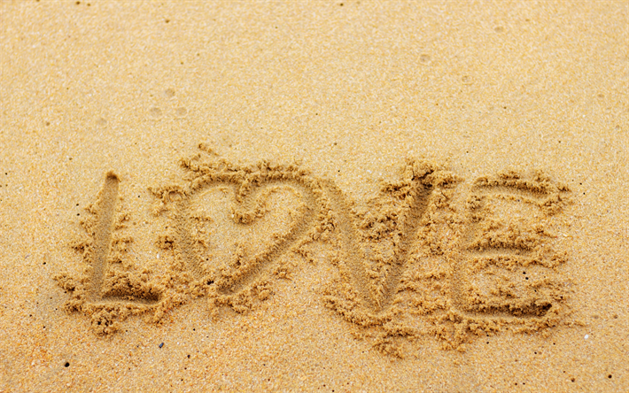 The word love in the sand, written word, inscription, love concepts, beach, sand
