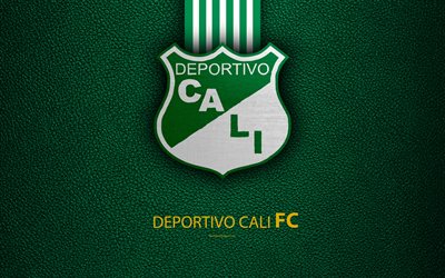 Deportivo Cali, 4k, du cuir &#224; la texture, le logo, le vert des lignes blanches, Colombienne football club, l&#39;embl&#232;me, la Liga Aguila, Categoria Primera A, Cali, en Colombie, en football