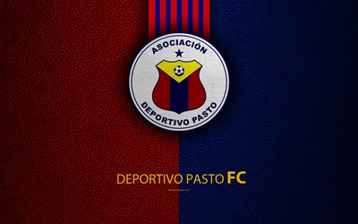 Deportivo Pasto, 4k, leather texture, logo, red blue lines, Colombian football club, emblem, Liga Aguila, Categoria Primera A, Pasto, Colombia, football