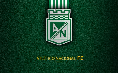 Atletico Nacional, 4k, leather texture, logo, green white lines, Colombian football club, emblem, Liga Aguila, Categoria Primera A, Medellin, Colombia, football