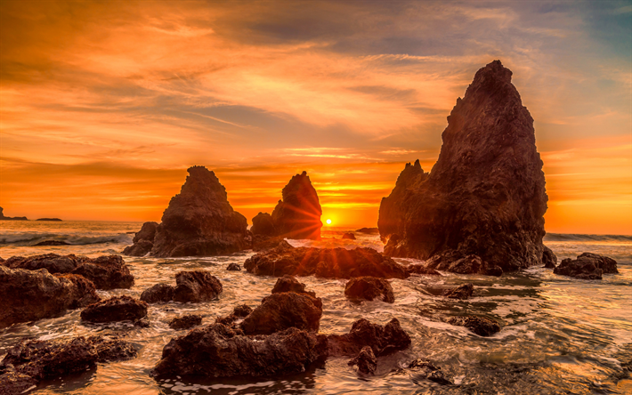 rocks, coast, sunset, sun, Pacific Ocean, California, USA, North America, ocean