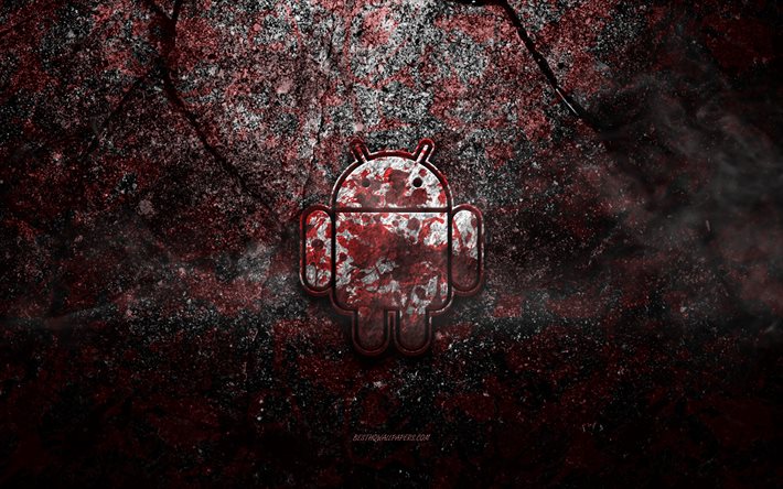 Logo Android, arte grunge, logo pietra Android, texture pietra rossa, Android, texture pietra grunge, emblema Android, logo Android 3d