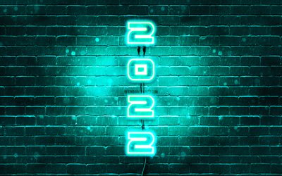 4k, 2022 on turquoise background, vertical text, Happy New Year 2022, turquoise brickwall, 2022 concepts, wires, 2022 new year, 2022 turquoise neon digits, 2022 year digits