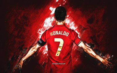 Cristiano Ronaldo, CR7, Portugals herrlandslag i fotboll, portugisisk fotbollsspelare, r&#246;d stenbakgrund, CR7-konst, Cristiano Ronaldo art, Portugal