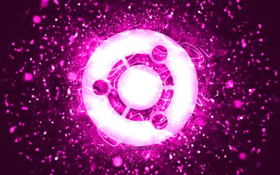 Ubuntu lila logotyp, 4k, lila neonljus, Linux, kreativ, lila abstrakt bakgrund, Ubuntu logotyp, OS, Ubuntu