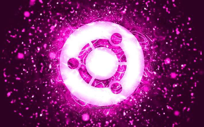 Ubuntu purple logo, 4k, purple neon lights, Linux, creative, purple abstract background, Ubuntu logo, OS, Ubuntu