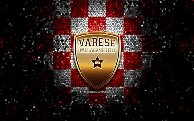 Pallacanestro Varese, glitter logo, LBA, red white checkered background, basketball, italian basketball club, Pallacanestro Varese logo, mosaic art, Lega Basket Serie A
