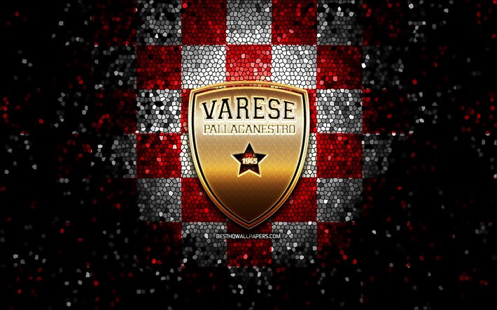 Pallacanestro Varese, glitter logo, LBA, red white checkered background, basketball, italian basketball club, Pallacanestro Varese logo, mosaic art, Lega Basket Serie A