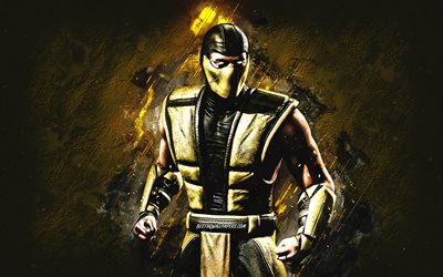 Skorpion, Mortal Kombat Mobile, Scorpion MK Mobile, Mortal Kombat, gul stenbakgrund, Mortal Kombat Mobile-karakt&#228;rer, grungekonst, Scorpion Mortal Kombat, Classic Scorpion