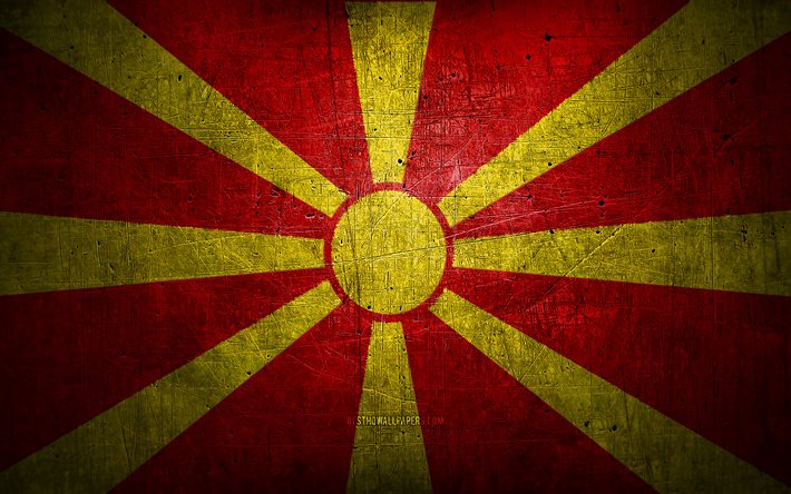Macedonian metal flag, grunge art, European countries, Day of North Macedonia, national symbols, North Macedonia flag, metal flags, Flag of North Macedonia, Europe, Macedonian flag, North Macedonia