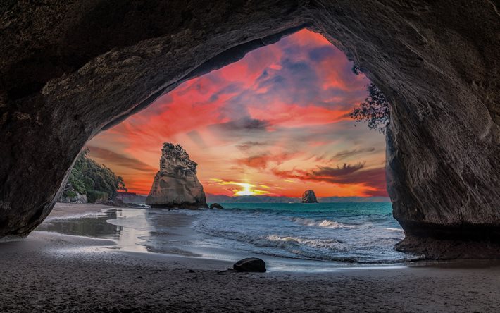 arco de roca, costa, oc&#233;ano, puesta de sol, olas, roca, hermosa puesta de sol, EEUU
