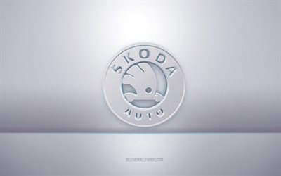 Skoda 3d vit logotyp, grå bakgrund, Skoda logotyp, kreativ 3d-konst, Skoda, 3d emblem