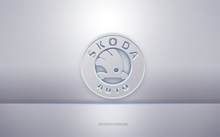 Skoda 3d vit logotyp, gr&#229; bakgrund, Skoda logotyp, kreativ 3d-konst, Skoda, 3d emblem