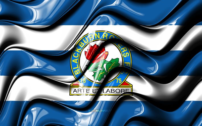 Blackburn Rovers bayrağı, 4k, mavi ve beyaz 3D dalgalar, EFL Şampiyonası, İngiliz futbol kul&#252;b&#252;, futbol, Blackburn Rovers logosu, Blackburn Rovers FC