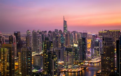 Almas Tower, Diamond Tower, Dubai, noite, pôr do sol, arranha-céus, Jumeirah Lakes Towers, Panorama de Dubai, paisagem urbana de Dubai, Emirados Árabes Unidos