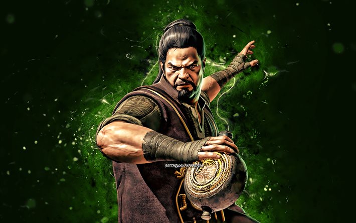 Bo Rai Cho, 4k, yeşil neon ışıklar, Mortal Kombat Mobile, d&#246;v&#252;ş oyunları, MK Mobile, yaratıcı, Mortal Kombat, Bo Rai Cho Mortal Kombat