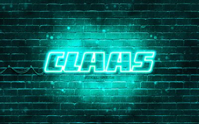 Claas turquoise logo, 4k, turquoise brickwall, Claas logo, brands, Claas neon logo, Claas