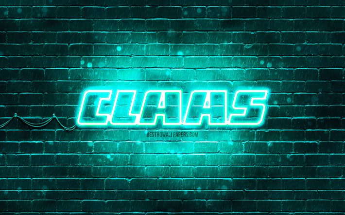 Claas turkoosi logo, 4k, turkoosi tiilisein&#228;, Claas logo, tuotemerkit, Claas neon logo, Claas