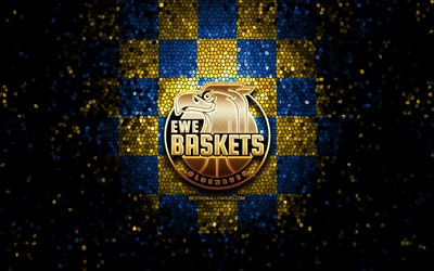Baskets Oldenburg, glitter logo, BBL, yellow blue checkered background, basketball, german basketball club, Baskets Oldenburg logo, mosaic art, Basketball Bundesliga