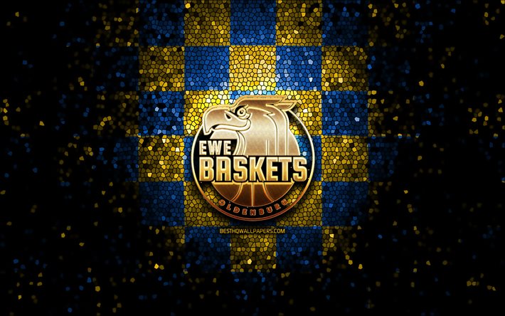 Cestas Oldenburg, logotipo de glitter, BBL, fundo azul amarelo, basquete, clube de basquete alem&#227;o, logotipo Baskets Oldenburg, arte de mosaico, Basquete Bundesliga