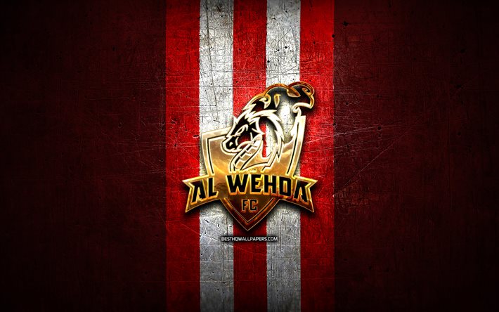 Al-Wehda FC, golden logo, Saudi Professional League, red metal background, football, Al Wehda FC, saudi football club, Al-Wehda FC logo, soccer, Al-Wehda SC