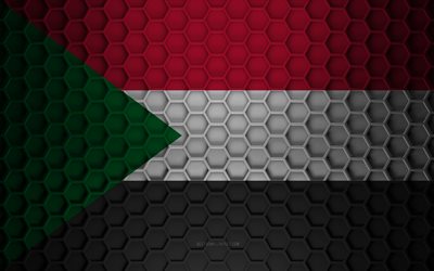 Sudan flag, 3d hexagons texture, Sudan, 3d texture, Sudan 3d flag, metal texture, flag of Sudan