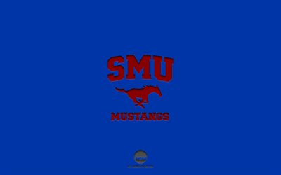 SMU Mustangs, sininen tausta, amerikkalainen jalkapallojoukkue, SMU Mustangs -tunnus, NCAA, Texas, USA, amerikkalainen jalkapallo, SMU Mustangs -logo
