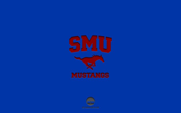 SMU Mustangs, sininen tausta, amerikkalainen jalkapallojoukkue, SMU Mustangs -tunnus, NCAA, Texas, USA, amerikkalainen jalkapallo, SMU Mustangs -logo