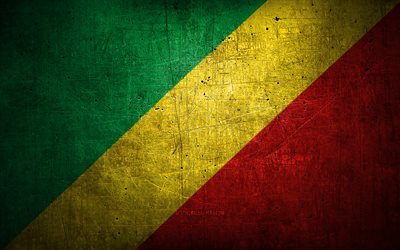 Republic of the Congo metal flag, grunge art, African countries, Day of Republic of the Congo, national symbols, Republic of the Congo flag, metal flags, Flag of Republic of the Congo, Africa, Republic of the Congo