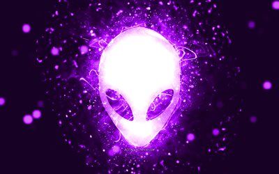 Alienware violet logo, 4k, violet neon lights, creative, violet abstract background, Alienware logo, brands, Alienware