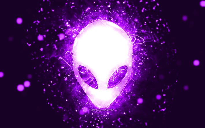 violettes alienware-logo, 4k, violette neonlichter, kreativer, violetter abstrakter hintergrund, alienware-logo, marken, alienware