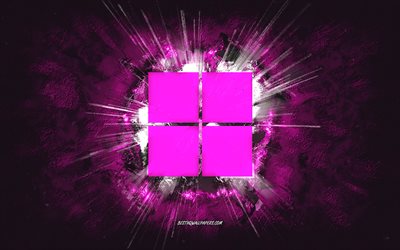 Windows 11 logo, grunge art, Windows, purple stone background, Windows 11 purple logo, Windows 11, creative art, Windows 11 grunge logo, Windows logo