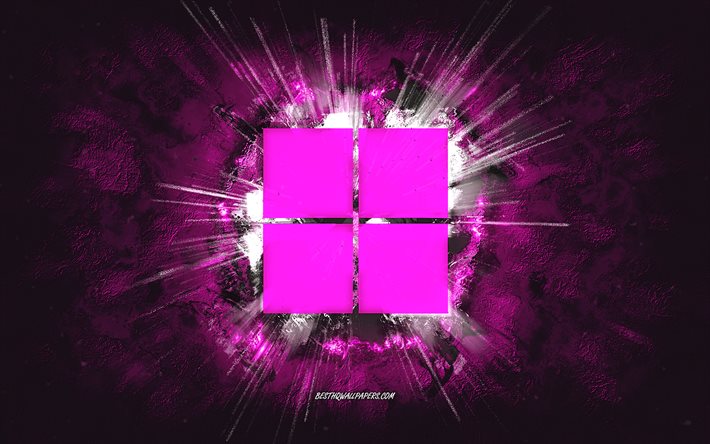 windows 11-logo, grunge-kunst, windows, lila steinhintergrund, windows 11-violettes logo, windows 11, kreative kunst, windows 11-grunge-logo, windows-logo