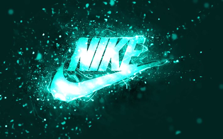 Nike turquoise logo, 4k, turquoise neon lights, creative, turquoise abstract background, Nike logo, fashion brands, Nike