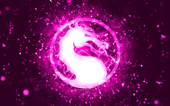 Mortal Kombat purple logo, 4k, purple neon lights, creative, purple abstract background, Mortal Kombat logo, online games, Mortal Kombat