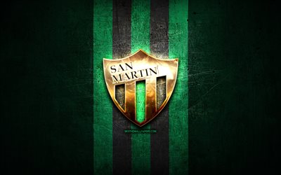San Martin FC, kultainen logo, Primera Nacional, vihre&#228; metallitausta, jalkapallo, argentiinalainen jalkapalloseura, San Martin -logo, CA San Martin, Argentiina, Club Atletico San Martin, San Martin SJ