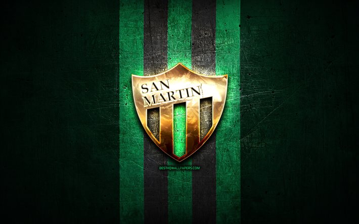 San Martin FC, golden logo, Primera Nacional, green metal background, football, argentinian football club, San Martin logo, soccer, CA San Martin, Argentina, Club Atletico San Martin, San Martin SJ